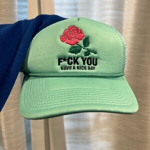 Green Trucker Hat with Rose Embroidery
